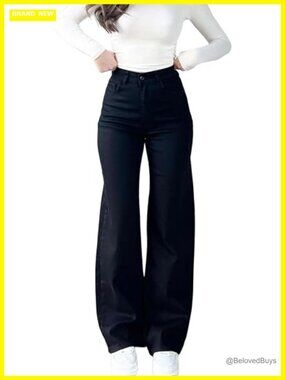High Waist Straight Leg Baggy Stretchy Jeans Women Casual Loose Wide Leg